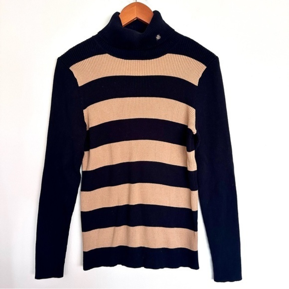 Lauren Ralph Lauren Black & Beige Striped Turtleneck Fitted Sweater Size Large